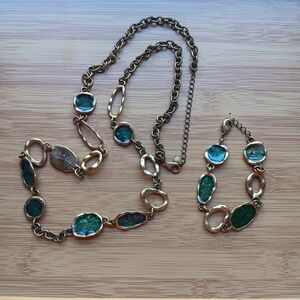 Vintage NRQ Faux-Abalone Enamel Brass Tone 34" Necklace 8" Bracelet SET